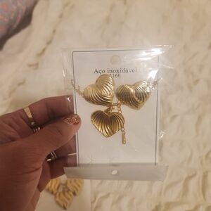 Gold Heart Pendant Necklace and Earring Set - Stainless Steel
